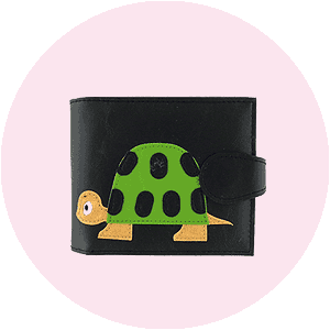 LAVISHY wholesale turtle themed vegan applique bags, wallets, coin purses & accessories to gift shop, clothing & fashion accessories boutique, book store in Canada, USA & worldwide.
