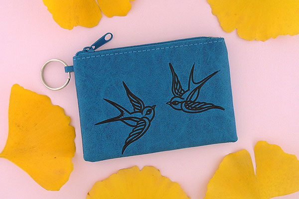 LAVISHY Akina collection wholesale fun vegan swallow birds embossed coin purses to gift shop, clothing & fashion accessories boutique, book store in Canada, USA & worldwide since 2001.