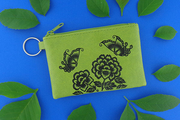 LAVISHY Akina collection wholesale fun vegan butterfly & peony flower embossed coin purses to gift shop, clothing & fashion accessories boutique, book store in Canada, USA & worldwide since 2001.