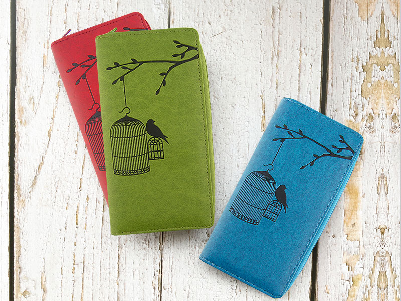 LAVISHY design & wholesale unique, beautiful & affordable Eco-friendly embossed bird out of cage large zipper closure wallets