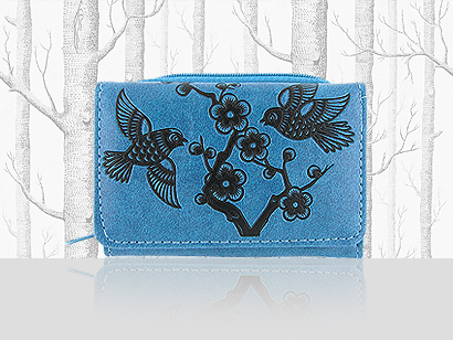 lavishy wholesale vegan embossed sparrow love birds & plum blossom flower tri-fold small wallets for women to gift shops, clothing & fashion accessories boutiques, book stores in Canada, USA & worldwide since 2001