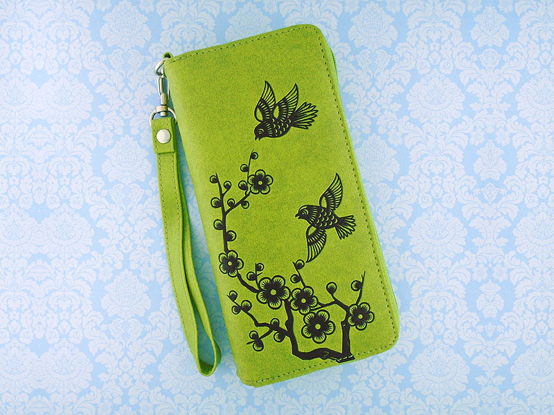 LAVISHY design & wholesale unique, beautiful & affordable Eco-friendly embossed sparrow & plum blossom flower large wristlet wallets