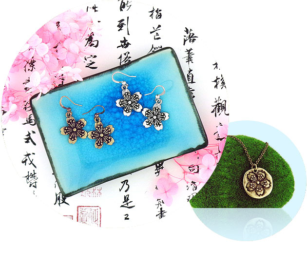 lavishy assa collection silver gold plated cherry blossom earrings & necklaces