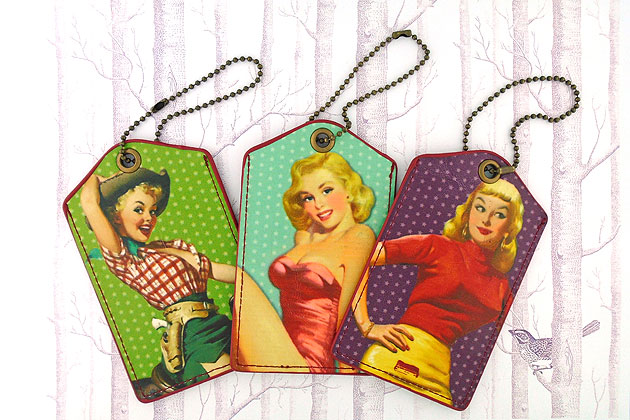 lavishy design & wholesale retro pin up girl themed vegan wristlets, coin purses and luggage tags