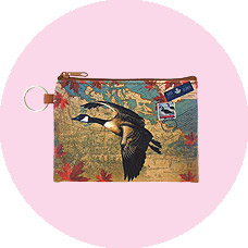 LAVISHY wholesale vegan coin purses with vintage style prints of Canadian animals and birds to gift shop, clothing & fashion accessories boutique, book store in Canada, USA & worldwide.