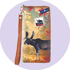 LAVISHY wholesale vegan wristlet wallets with vintage style prints of Canadian animals and birds to gift shop, clothing & fashion accessories boutique, book store in Canada, USA & worldwide.