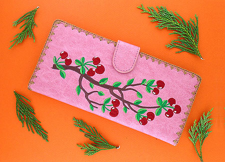 LAVISHY Elma collection wholesale cherry embroidered vegan large flat wallets to gift shop, clothing & fashion accessories boutique, book store in Canada, USA & worldwide since 2001.