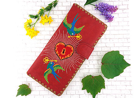 LAVISHY Elma collection wholesale tattoo style love birds & key embroidered vegan large flat wallets to gift shop, clothing & fashion accessories boutique, book store in Canada, USA & worldwide since 2001.