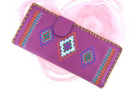 LAVISHY Elma collection wholesale American/Mexican tribal pattern embroidered vegan large flat wallets to gift shop, clothing & fashion accessories boutique, book store in Canada, USA & worldwide since 2001.