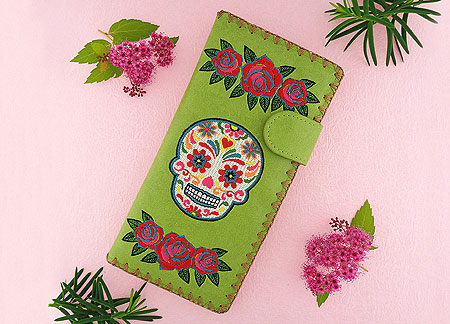 LAVISHY Elma collection wholesale Mexican sugar skull embroidered vegan large flat wallets to gift shop, clothing & fashion accessories boutique, book store in Canada, USA & worldwide since 2001.