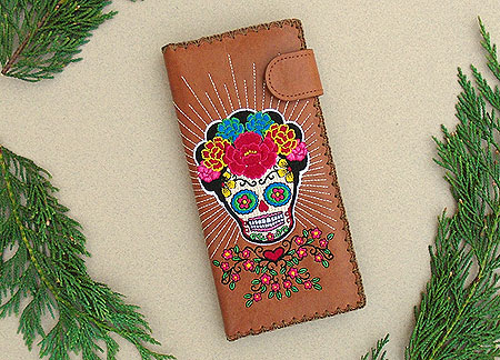 LAVISHY Elma collection wholesale Mexican style sugar skull embroidered vegan large flat wallets to gift shop, clothing & fashion accessories boutique, book store in Canada, USA & worldwide since 2001.