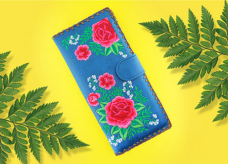 LAVISHY Elma collection wholesale Mexican rose embroidered vegan large flat wallets to gift shop, clothing & fashion accessories boutique, book store in Canada, USA & worldwide since 2001.