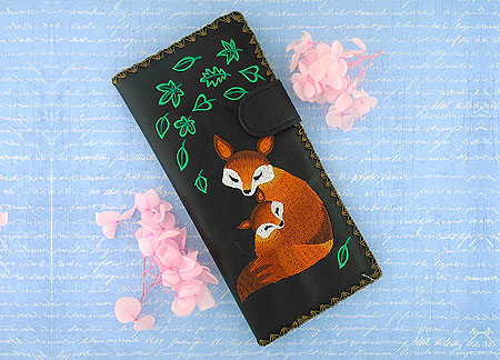 LAVISHY Elma collection wholesale Bohemian Fox mama & baby embroidered vegan large flat wallets to gift shop, clothing & fashion accessories boutique, book store in Canada, USA & worldwide since 2001.