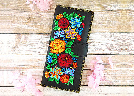 LAVISHY Elma collection wholesale Bohemian Mexican flower embroidered vegan large flat wallets to gift shop, clothing & fashion accessories boutique, book store in Canada, USA & worldwide since 2001.