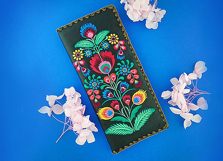 LAVISHY Elma collection wholesale Bohemian Vytynanky style flora embroidered vegan large flat wallets to gift shop, clothing & fashion accessories boutique, book store in Canada, USA & worldwide since 2001.
