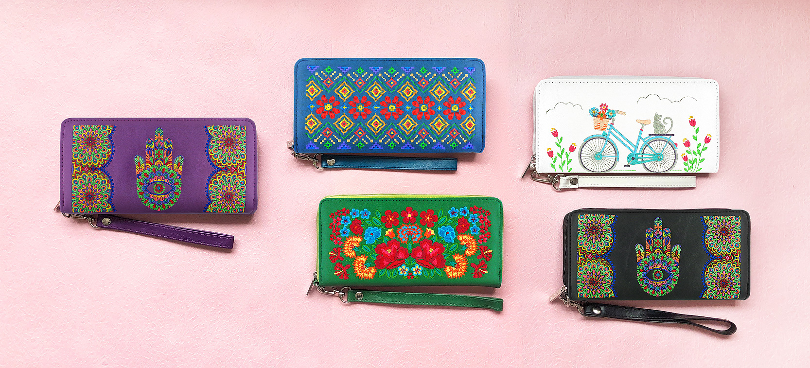 LAVISHY Elma collection wholesale Embroidered Vegan Wristlet Wallet to gift shops, boutiques & book stores in Canada, USA and worldwide.