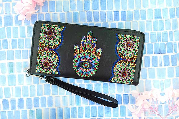 lavishy design & wholesale purple color Indian Hamsa/ hand of Fatima Embroidered Vegan Wristlet Wallets