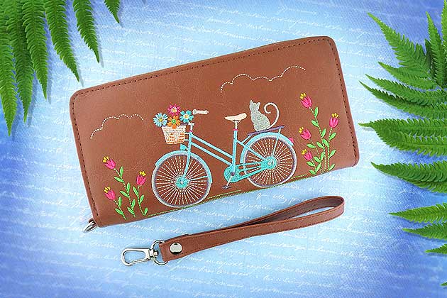 lavishy design & wholesale brown color Cat On Bicycle Embroidered Vegan Wristlet Wallets