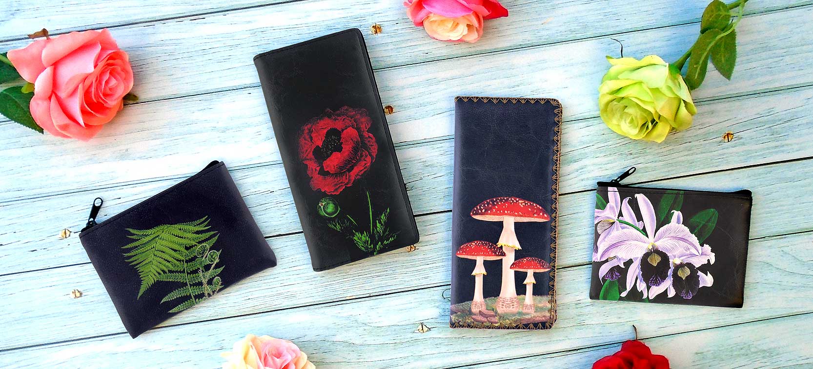 lavishy Spring 2023 boutique style Eco-friendly flower & fern leaf printed vegan wallets & coin purses for wholesale to gift shops, clothing and fashion accessories boutiques, book stores in Canada, USA & worldwide.