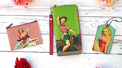 Lavishy Liano collection retro pinup girl series wholesale fun, Eco-friendly and affordable vegan wristlet wallets, coin purses and luggage tags