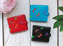 LAVISHY Akina collection wholesale fun vegan dragonfly & four leaf clover embossed medium wallets to gift shop, clothing & fashion accessories boutique, book store in Canada, USA & worldwide since 2001.