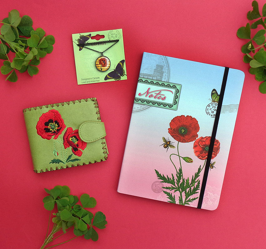 LAVISHY wholesale poppy themed vegan fashion accessories and gifts to gift shops, clothing and fashion accessories boutiques, speciality retailers in Canada, USA and worldwide.