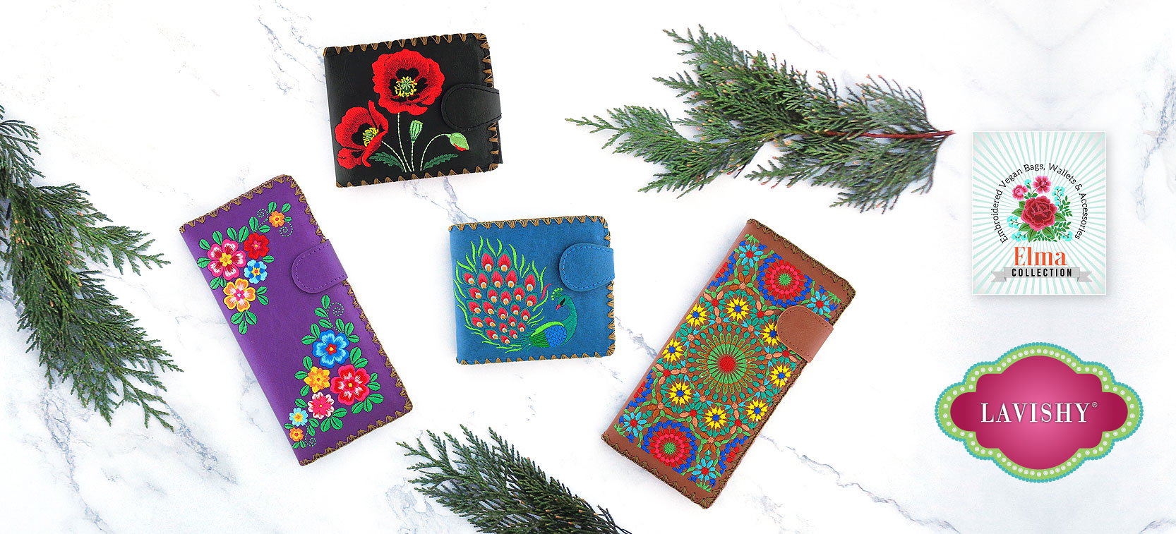 lavishy wholesale embroided vegan wallets to gift shops, clothing and fashion accessories boutiques, book stores in Canada, USA & worldwide.